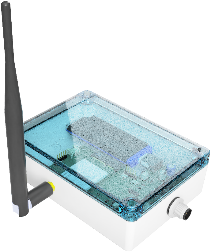 The Awaro gateway: IP67 weatherproof enclosure with a transparent lid and LoRa antenna