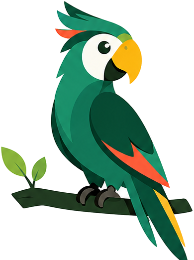 Awaro, the parrot mascot, perched on its branch