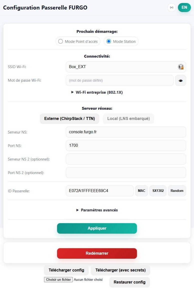 Awaro configuration page: WiFi, 802.1X enterprise WiFi, external or local network server, gateway ID, frequency plan