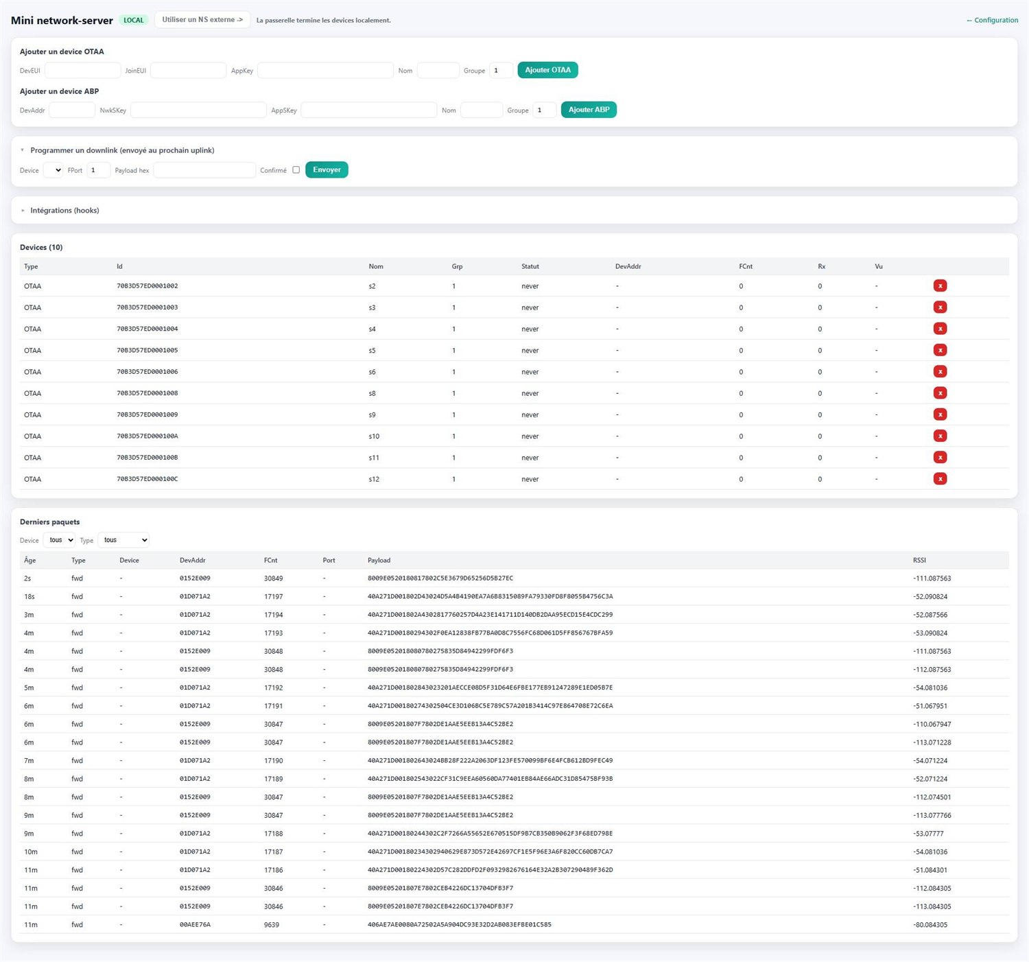 Awaro built-in server page: OTAA and ABP sensor registration, downlink scheduling, sensor list and received frames log with RSSI